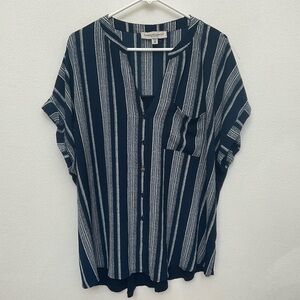 Tempted Hearts Navy Blue, White Striped Button Down Short Sleeve Top Size 3X